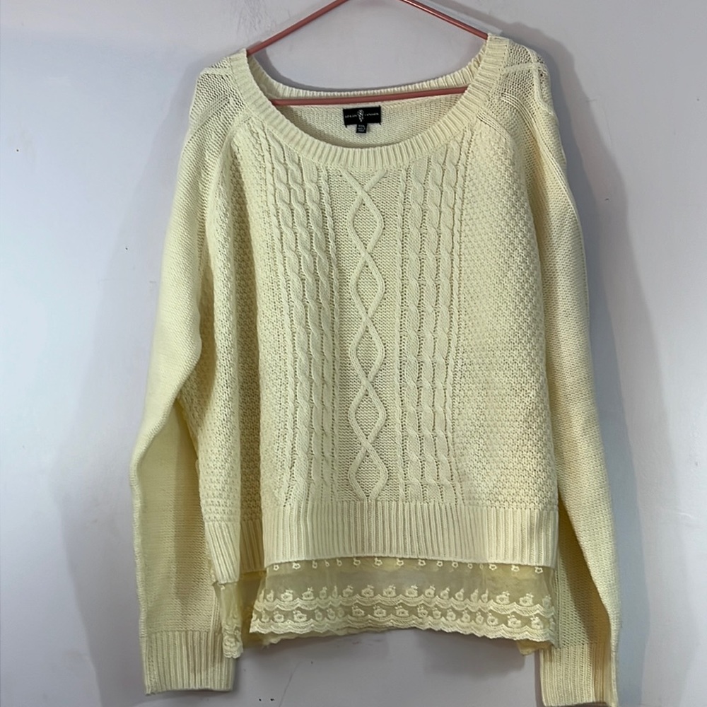 Dream Catcher ivory 3x sweater with lace at front hem and layered lace half back